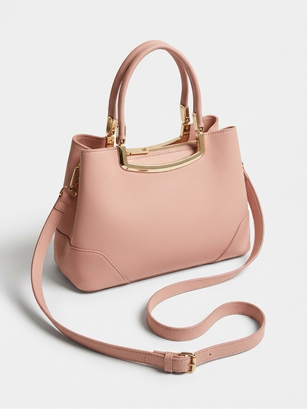 Blush Pink Structured Top-Handle Crossbody Satchel